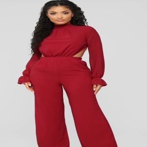 Open Heart Chiffon Jumpsuit - Red